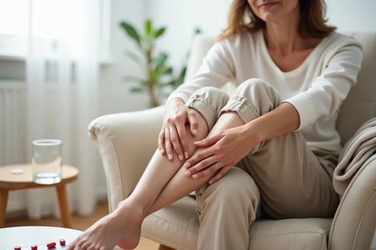 Femme d'une cinquantaine d'années examinant ses varices sur ses jambes à domicile avec un traitement veineux posé sur la table