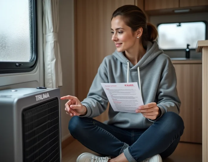 Femme consultant une fiche de référence des codes erreur Truma dans un van aménagé