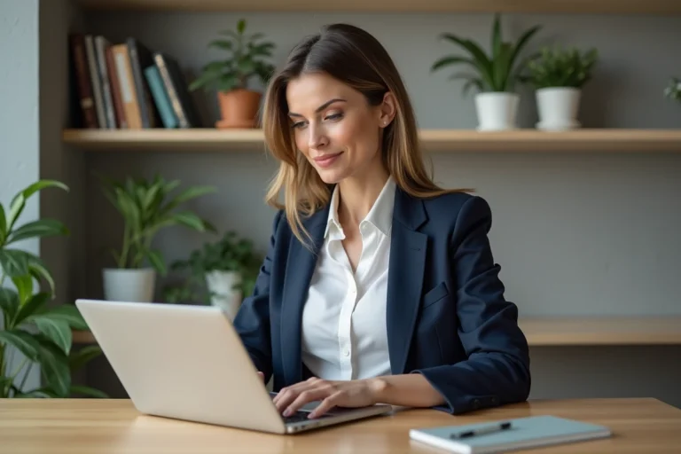 Femme confiante en blazer bleu dans un bureau moderne