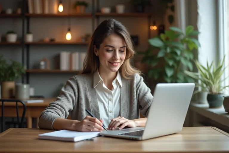 Jeune femme concentrée devant son ordinateur en intérieur