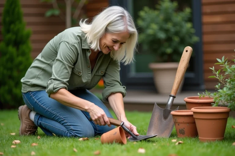 Femme d'âge moyen examine ses outils de jardinage dans un jardin