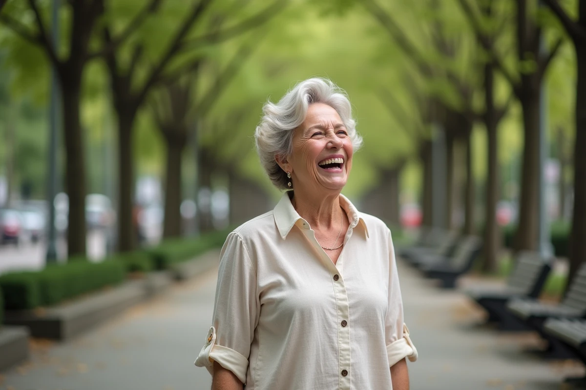 Femme souriante dans un parc urbain en plein air