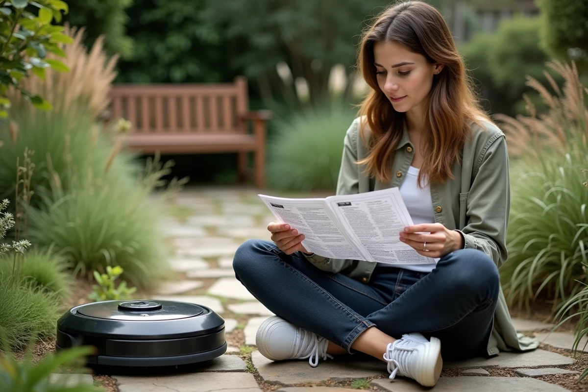 Jeune femme lisant le guide de la tondeuse robot dans le jardin