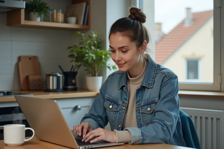 Jeune femme lisant les actualites dans sa cuisine
