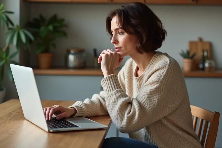 Femme réfléchissant devant son ordinateur pour un article sur annulation