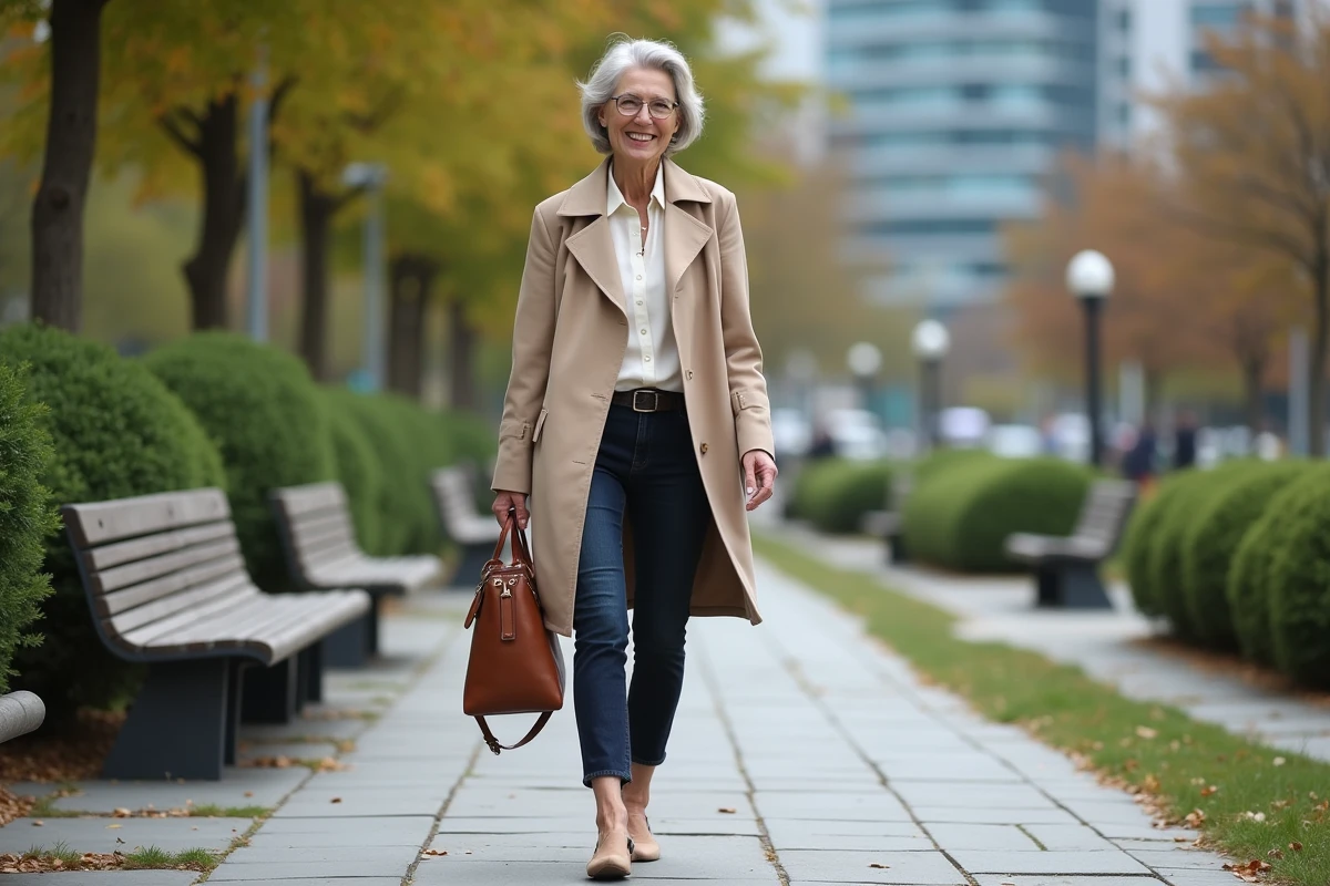 Femme chic marchant dans un parc urbain en ville