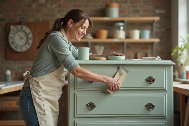 Femme appliquant une peinture craie sur une commode en bois recyclé dans un atelier de bricolage décoratif