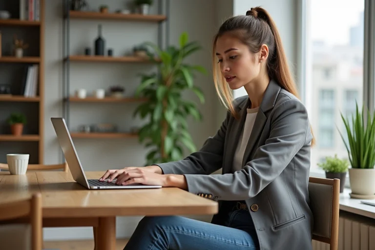 Jeune femme en blazer cherchant immobilier sur son laptop