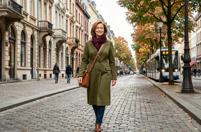 Femme belge active dans la soixantaine se promenant sereinement dans les rues de Bruxelles à l'automne