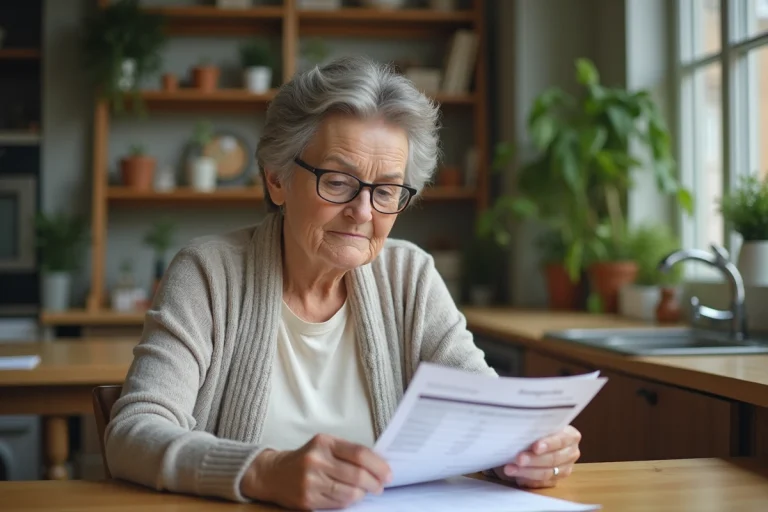 Femme d'âge moyen étudiant une fiche de pension à la maison