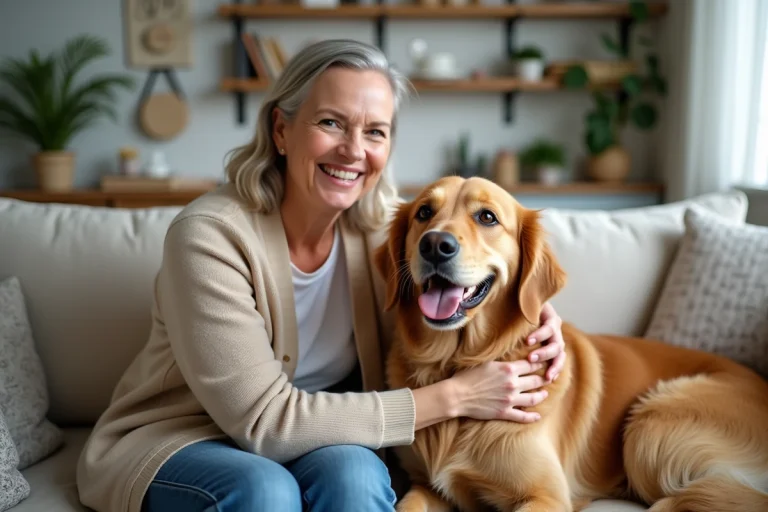 Femme avec chien retriever dans un salon lumineux