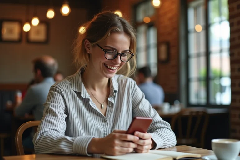 Jeune femme qui rit en lisant des actualités insolites sur son smartphone dans un café urbain