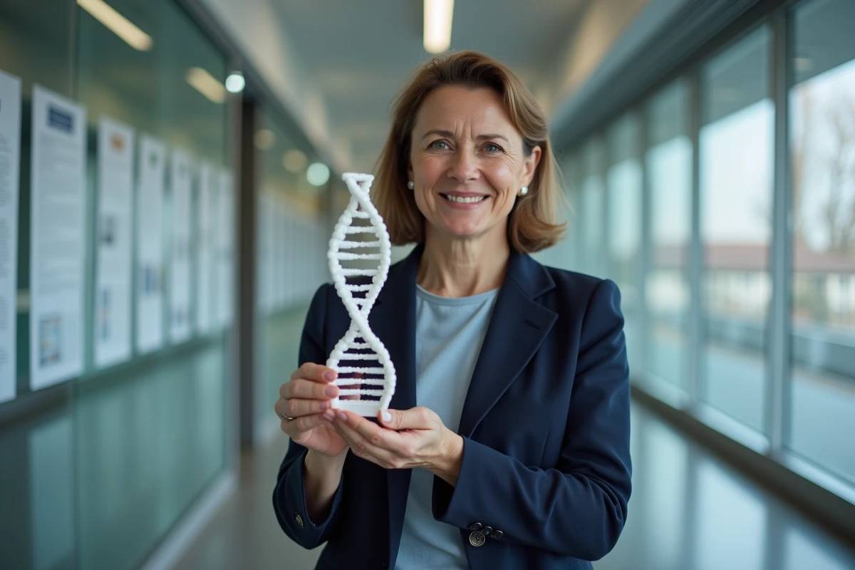 Femme scientifique tenant un modèle de DNA dans un couloir moderne