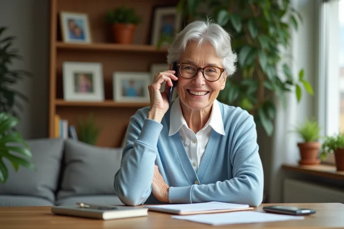 Femme senior souriante au téléphone dans un salon cosy