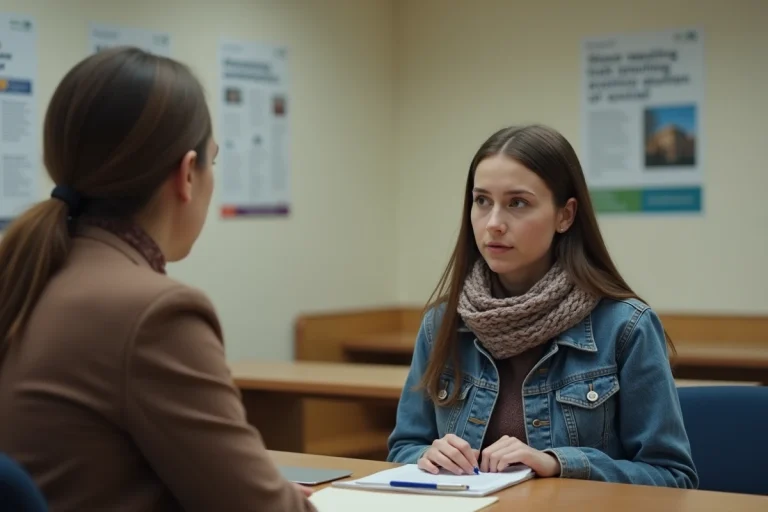 Jeune femme en entretien avec une assistante sociale