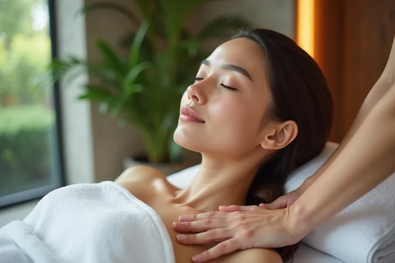 Femme détendue dans un spa moderne en peignoir blanc
