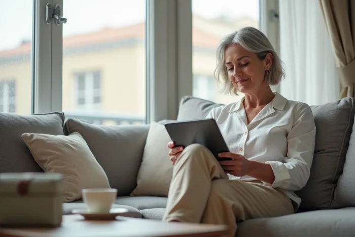 Femme d'âge mûr utilisant une tablette depuis son salon pour explorer des méthodes de revenus complémentaires en ligne