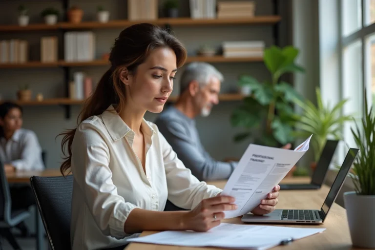 Femme en coworking lisant une brochure de formation