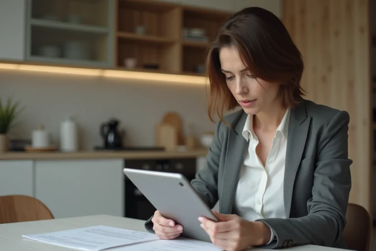 Femme en intérieur moderne utilisant un tablette au travail