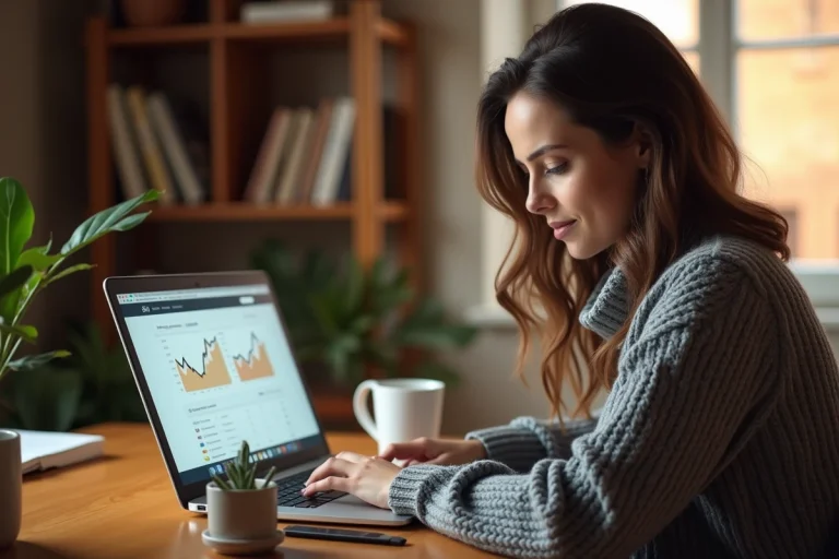 Femme travaillant sur son ordinateur portable depuis son bureau à domicile pour gagner de l'argent en ligne