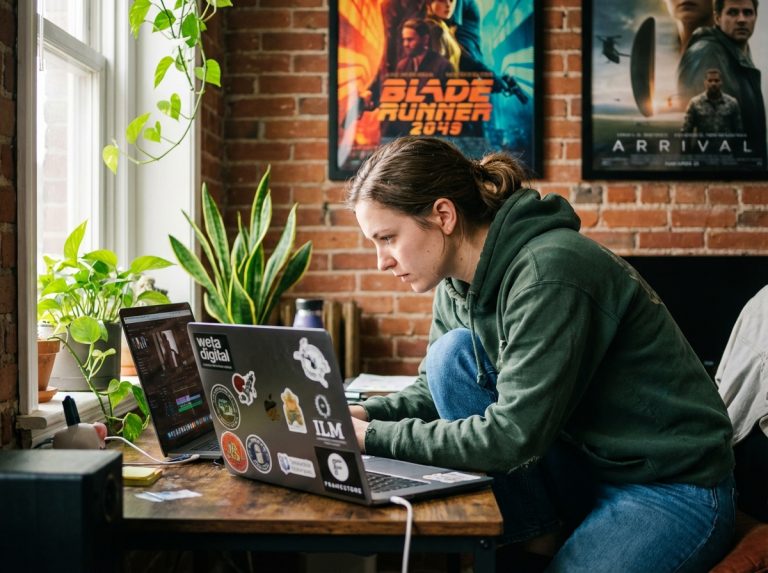 Jeune femme en hoodie vert travaillant sur son laptop dans un bureau cosy
