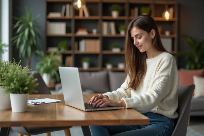 Jeune femme travaillant à domicile sur son ordinateur