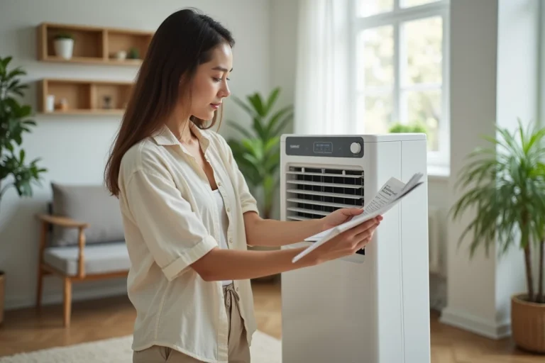 Femme examinant un ventilateur d'air conditionne dans un salon lumineux