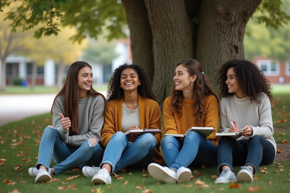 Groupe de filles discutant sous un chêne en cour d