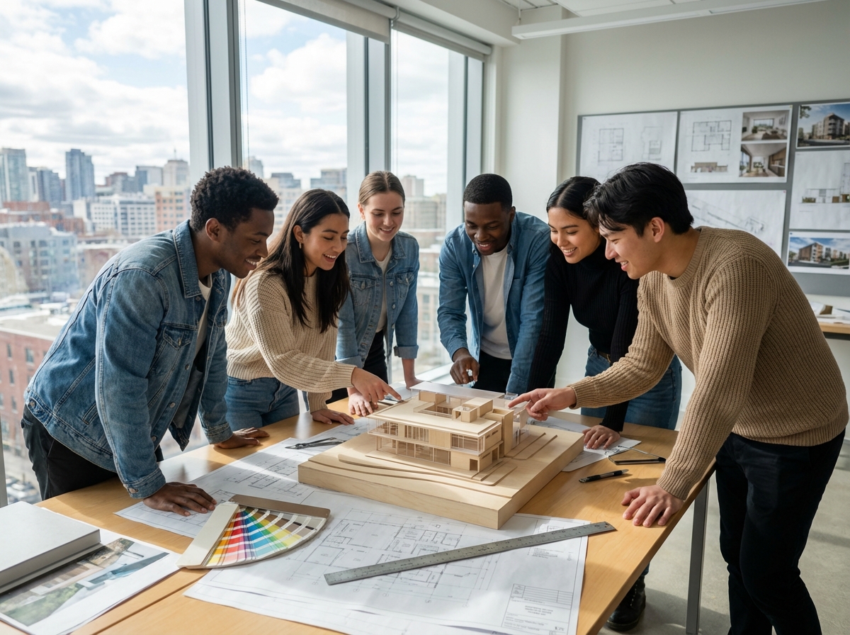 Groupe de jeunes autour d un modèle d architecture en classe