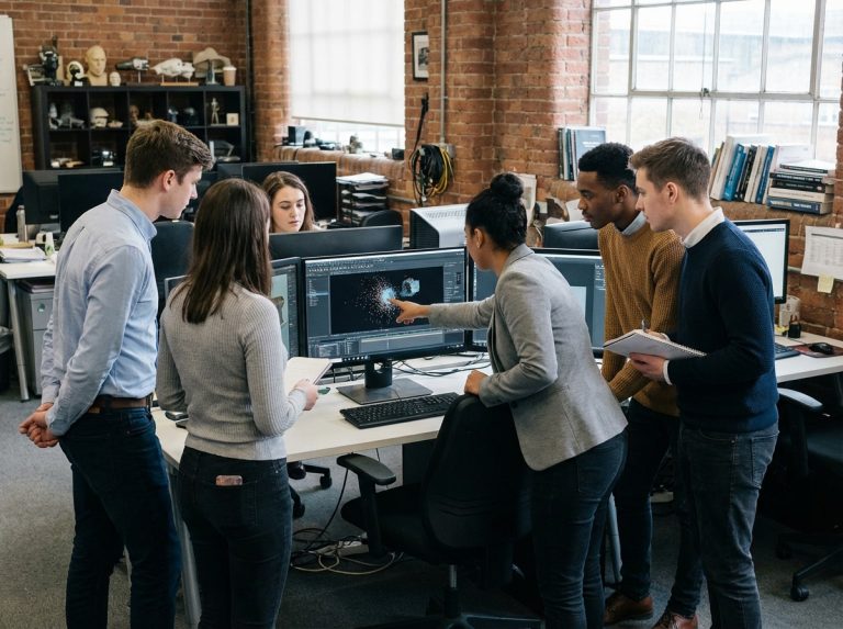 Groupe de jeunes créatifs autour d'un ordinateur en studio