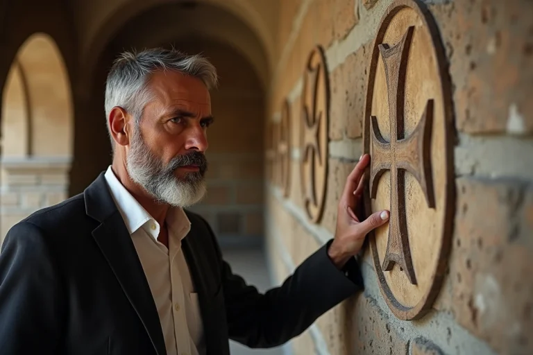 Historien devant un mur en pierre avec croix templiere