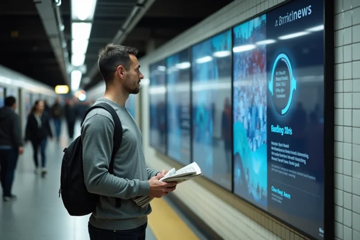 Homme lisant les dernières actualités sur un panneau numérique dans une station de métro urbaine animée