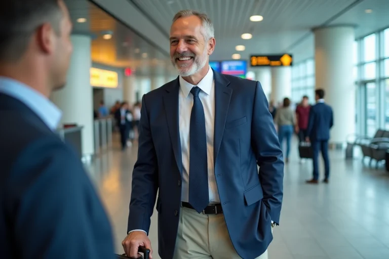Homme d'affaires en costume dans un aéroport moderne