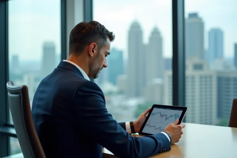 Homme d'affaires en costume bleu regardant une tablette