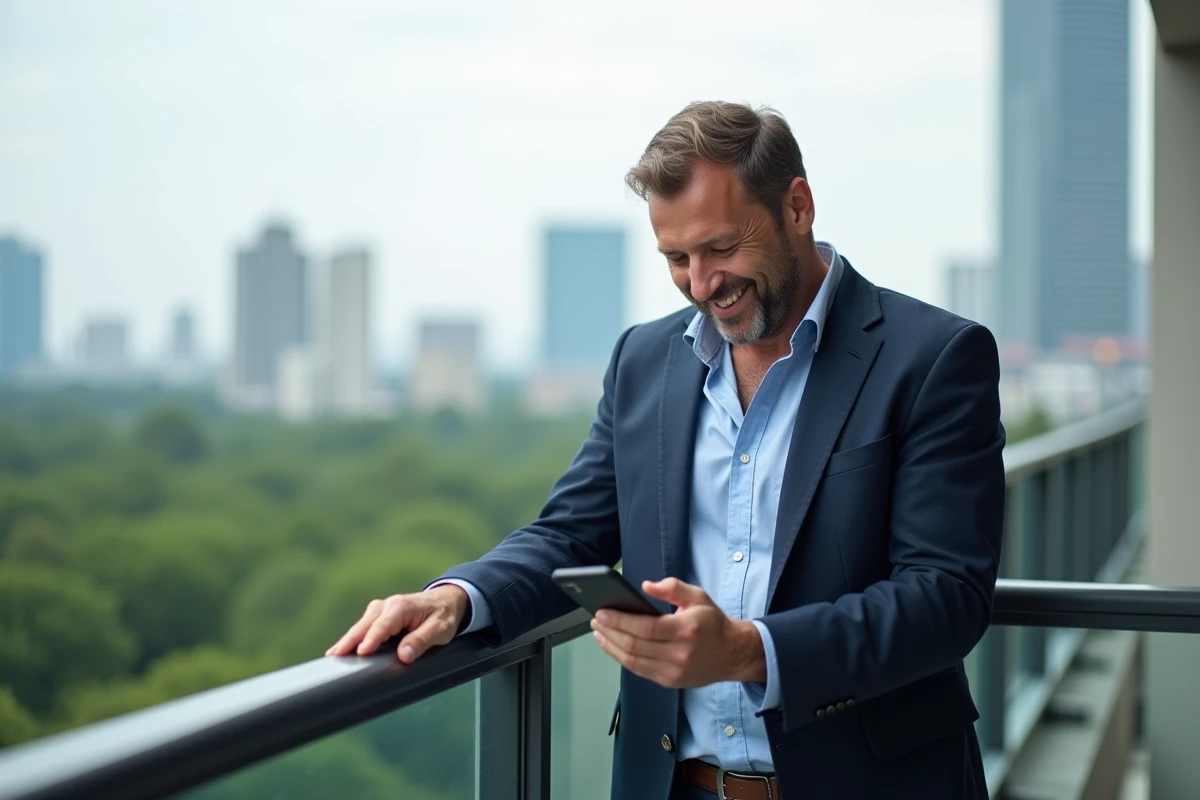 Homme souriant sur un balcon avec vue urbaine