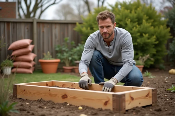 Homme assemblant un carré potager surélevé en bois de cèdre dans un jardin résidentiel au printemps