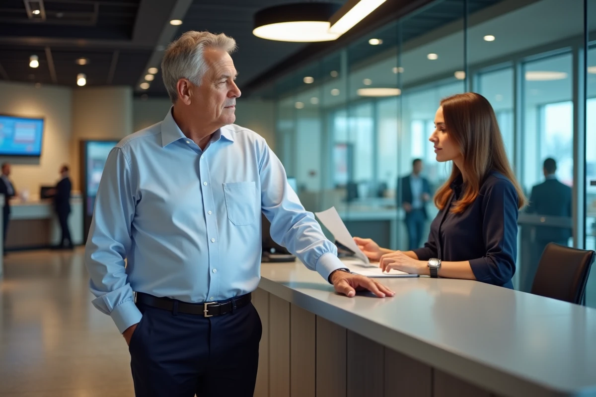 Homme d age en conseil bancaire dans une agence moderne