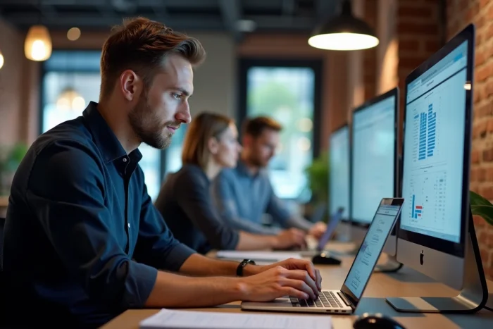 Jeune homme concentré travaillant dans un espace de coworking moderne pour générer des revenus en ligne