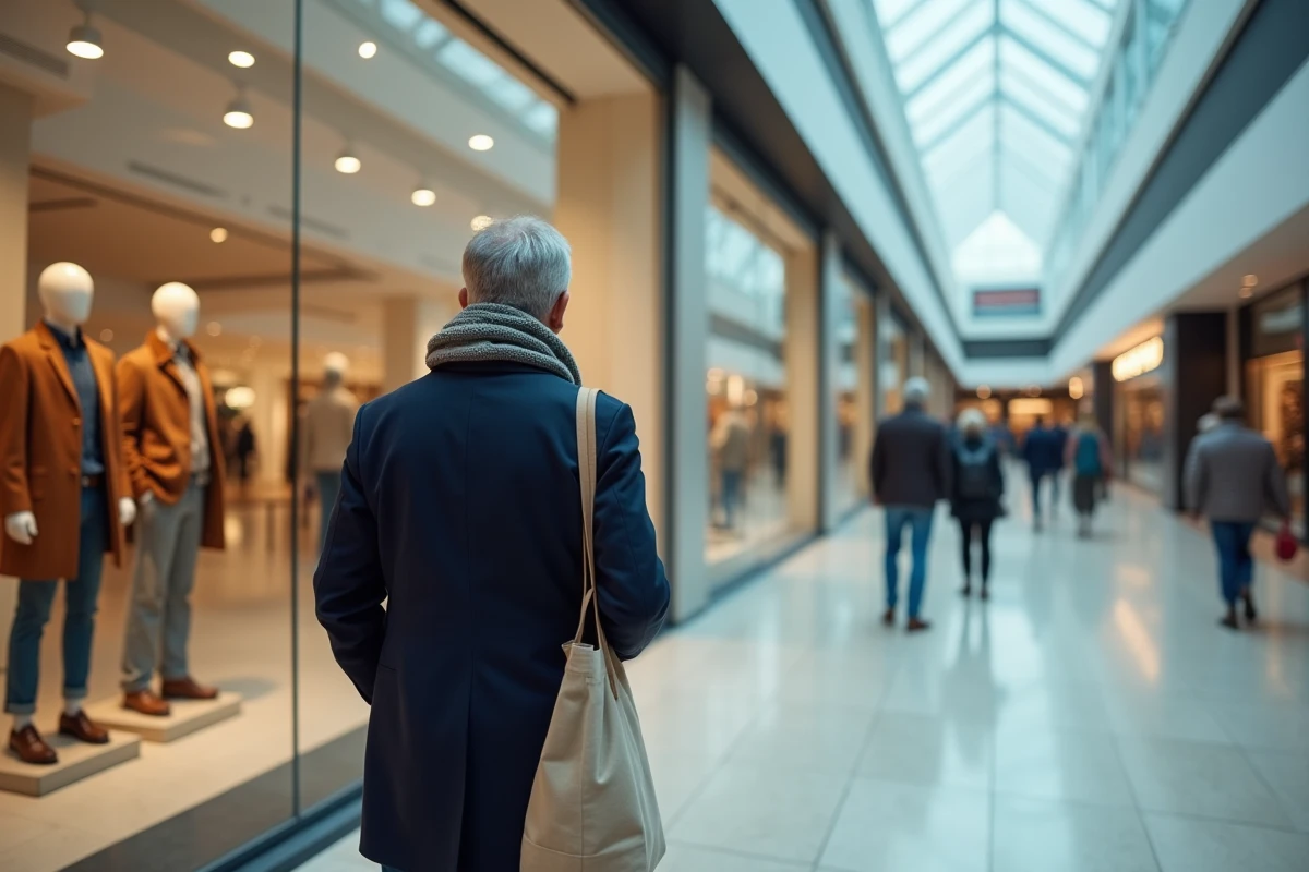 Homme regardant une vitrine commerciale vide dans un centre commercial
