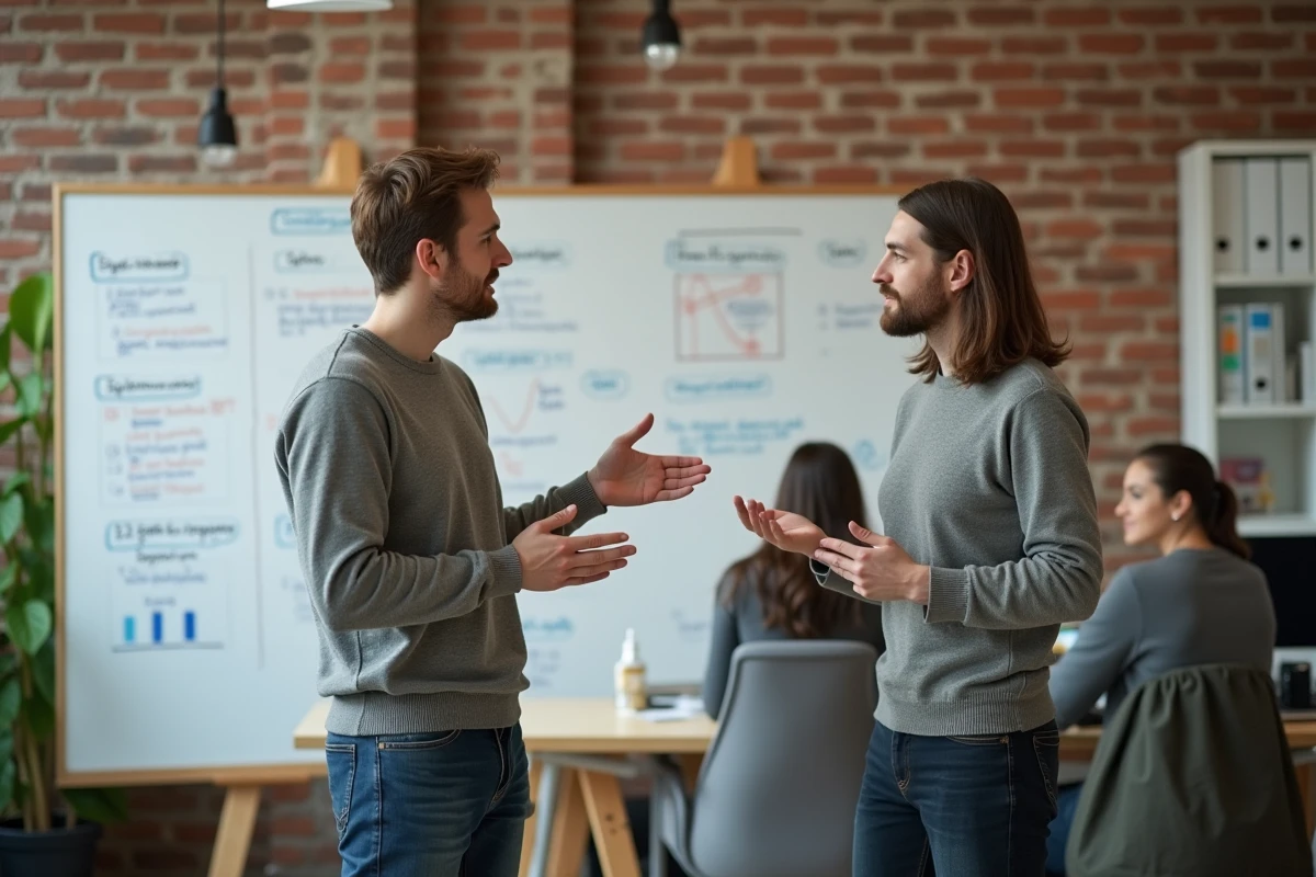 Jeune homme expliquant des diagrammes devant un tableau blanc