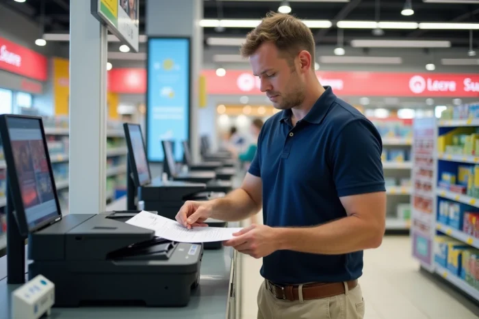 Homme d'âge moyen utilisant une imprimante en magasin