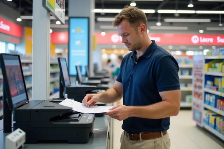 Homme d'âge moyen utilisant une imprimante en magasin
