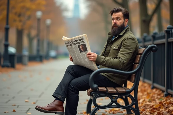 Homme amusé lisant un journal avec une une insolite sur un banc de parc en automne