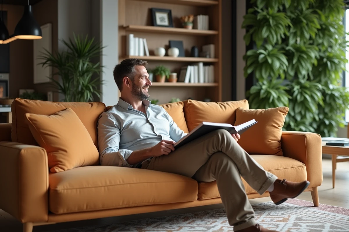 Homme détendu sur un canapé en regardant un livre de décoration