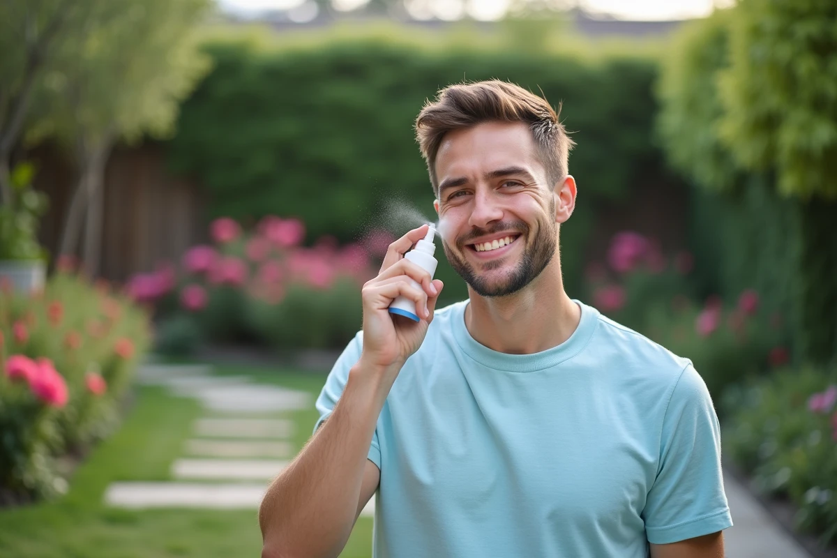 Homme utilisant un brumisateur facial dans un jardin