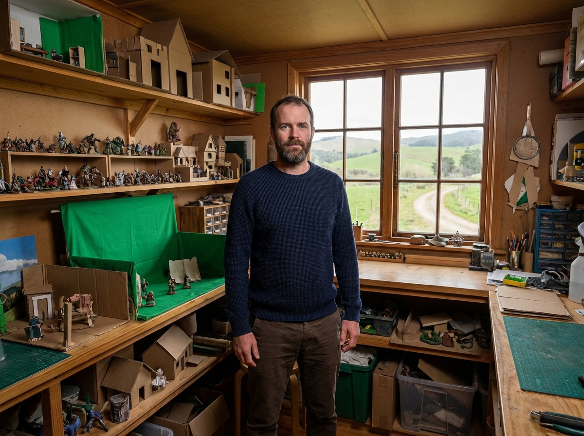Homme avec barbe dans un atelier rural entouré de miniatures et accessoires