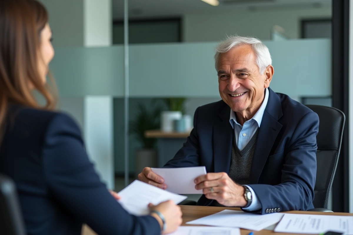 Homme âgé recevant un document dans un bureau de banque