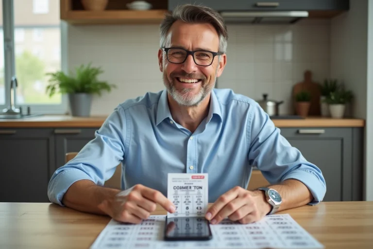 Homme souriant avec ticket Keno et smartphone en cuisine