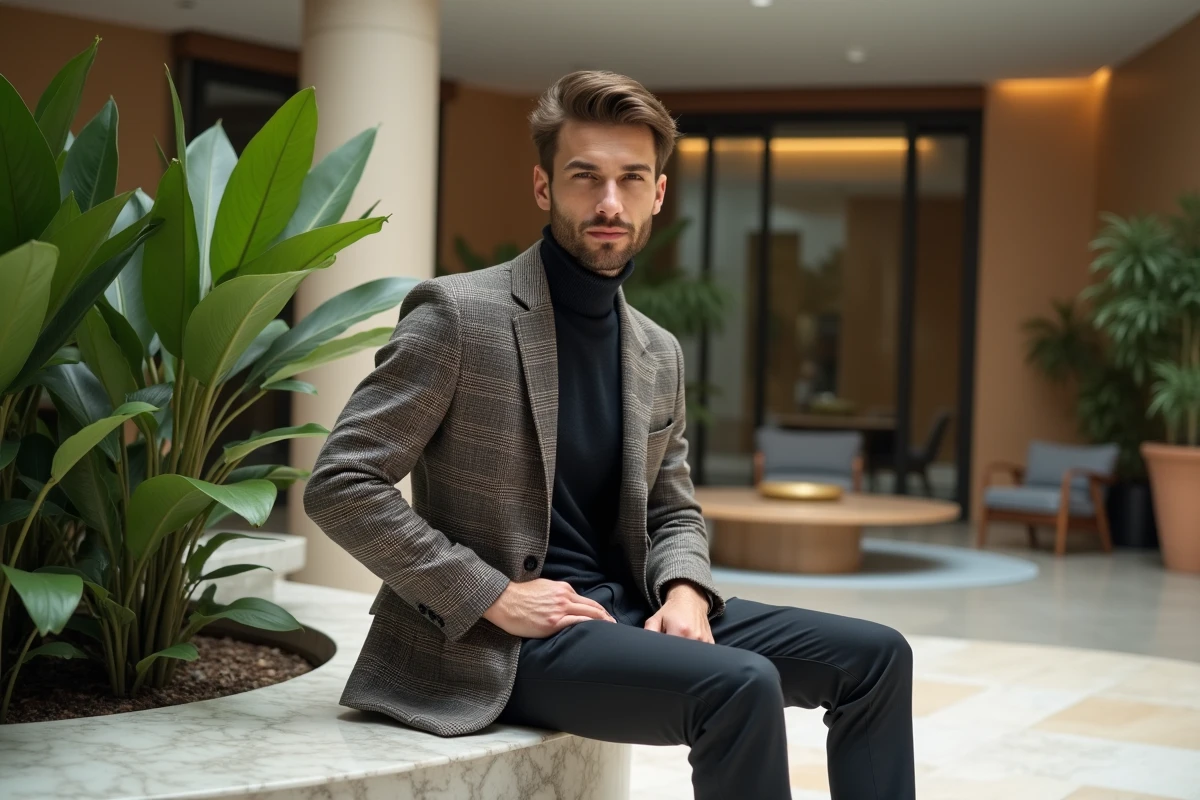 Homme en blazer à carreaux assis dans un atrium élégant