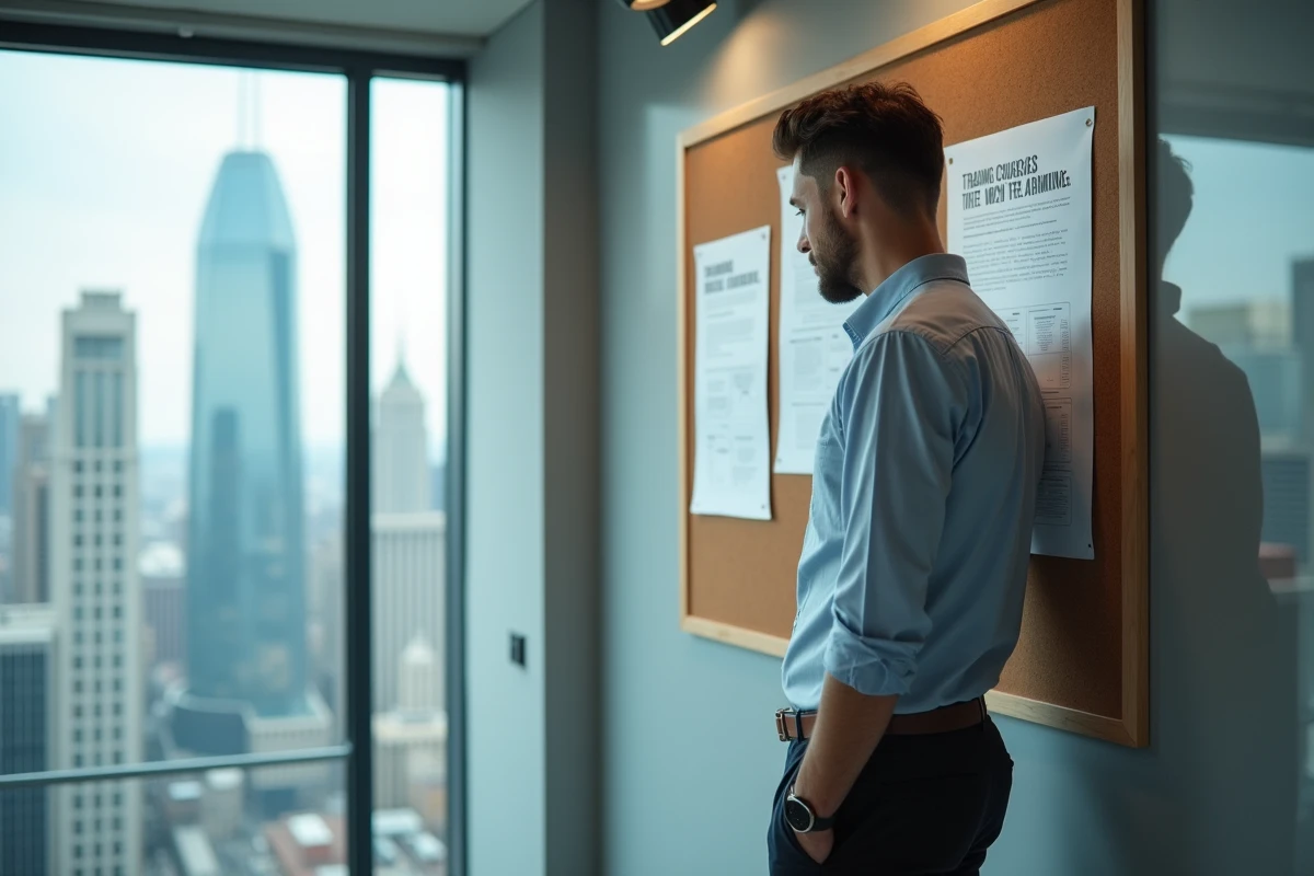 Homme regardant des flyers de formation dans un bureau moderne
